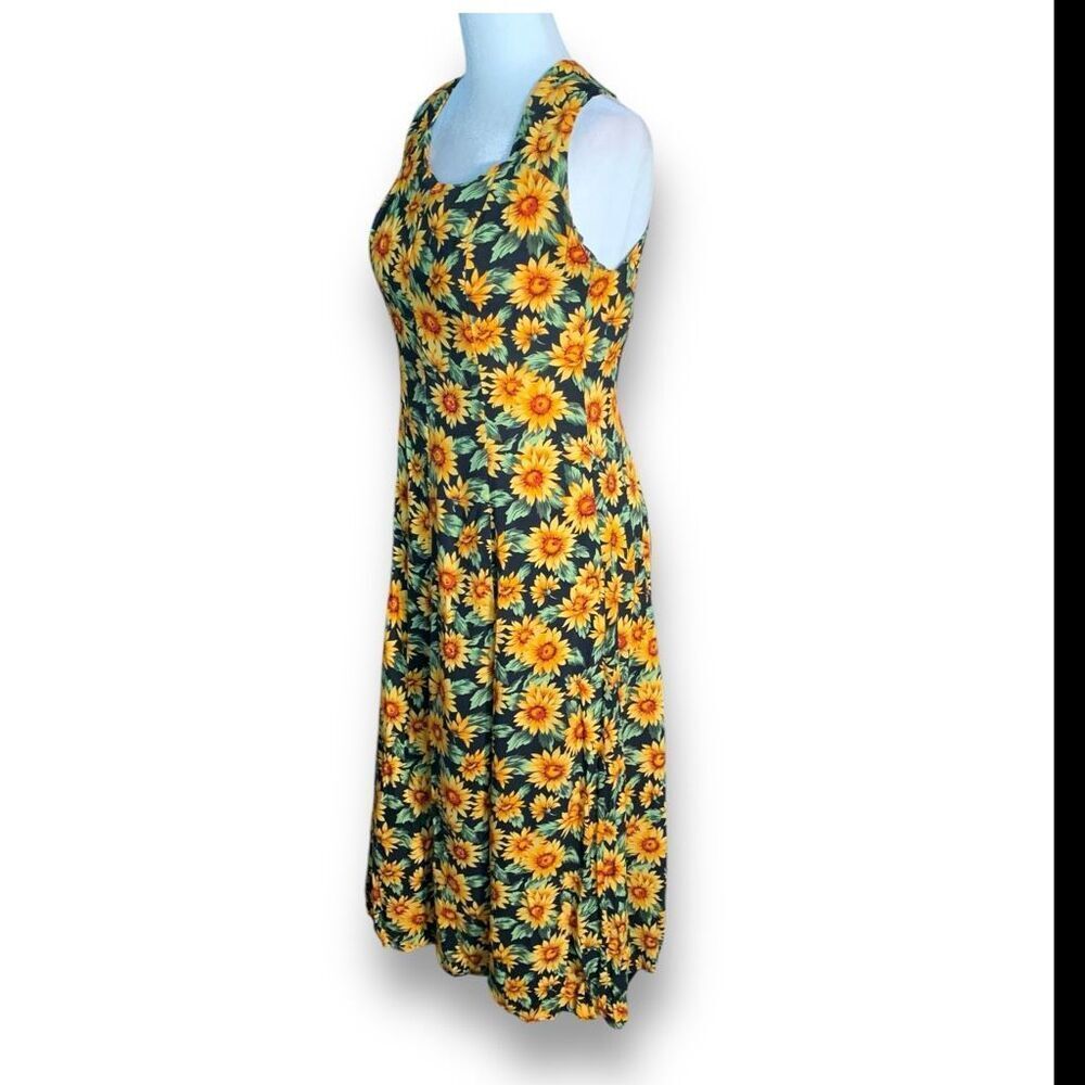 Vintage 90s Maxi Dress Sunflower Dark Floral Printed Black Sleeveless Cross-Back - Picture 6 of 12